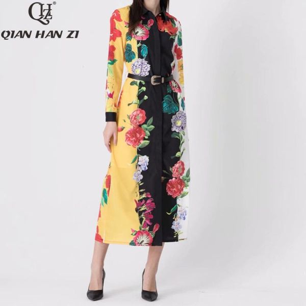 

casual dresses qianhanzi runways fashion designer long dress women's sleeve vintage flower print split mid-calf, Black;gray