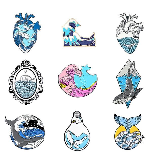 

pins, brooches novelty wave pins ocean sea organ heart light bulb whale sun badges blue enamel pin lapel collection, Gray