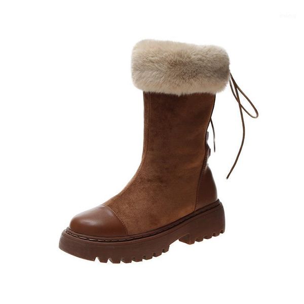 

boots winter casual furry for women round head slip-on mid tube boot fashion keep warm square heel shoes woman, Black