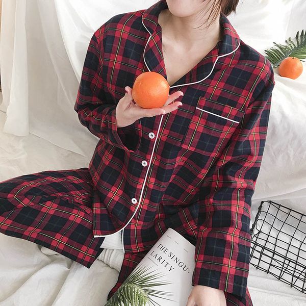 

new pajamas for women cotton red plaid print pajamas set long sleeve sleepwear turn-down collar home clothes casual pyjamas suit, Black;red