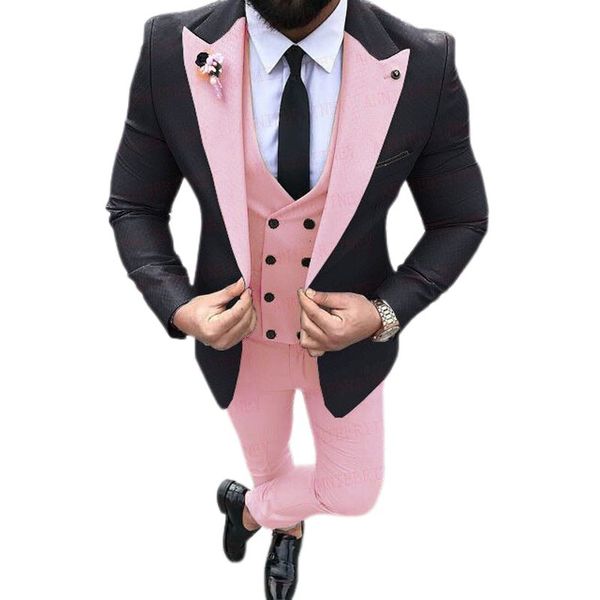 

men's suits & blazers pink caual men with black jacket 3 piece wedding groomsmen tuxedo male fashion costume double breasted vest pants, White;black