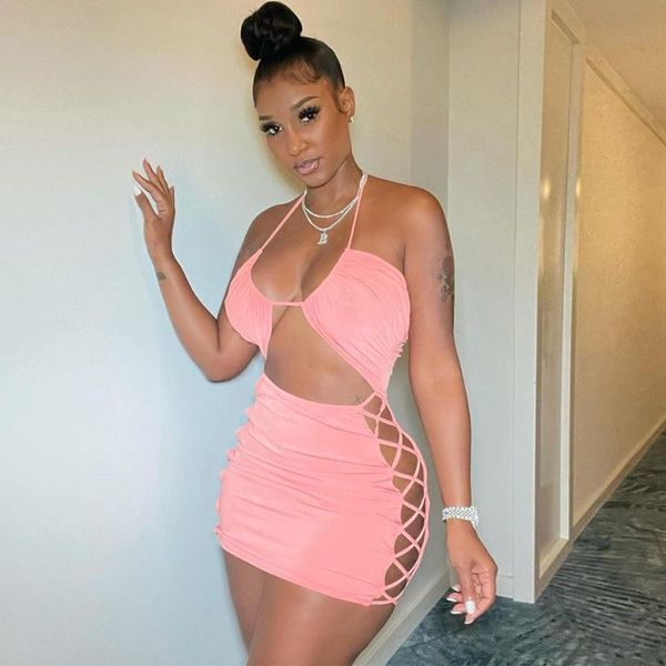 

casual dresses solid lace up hollow out bandage mini dress women halter neck backless clubwear summer off shoulder sheath robe, Black;gray