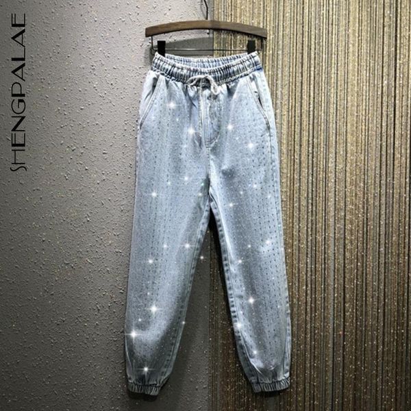 

women's jeans shengpalae 2021 fashion summer vintage light blue diamonds elastic waist wide ankle length denim loose harem pants mi184