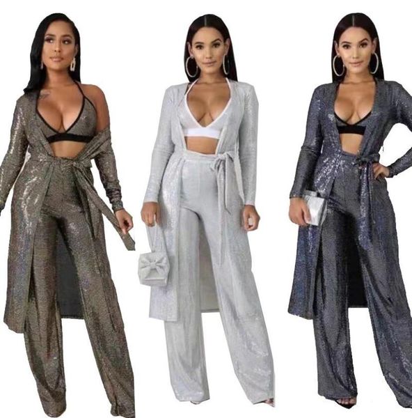 

women's two piece pants 2021 ins summer casual fashion street ladies slim nightclub loose jacket belt three-piece set, White