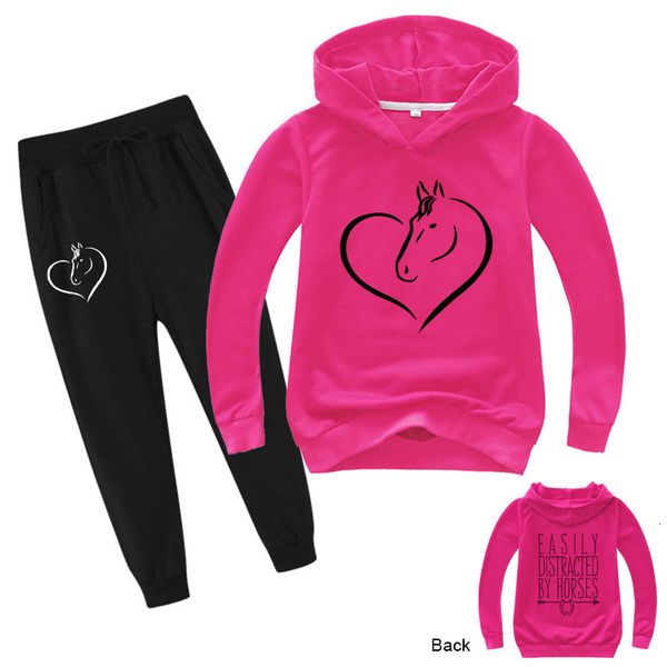 

sets 2-14y kids clothes tees teen girls clothing cartoon horse print hoodies pants 2pcs set sport suits boys fall outfits c0225, White