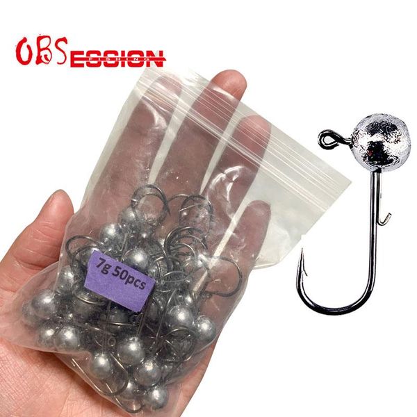 

50pcs/bag hard metal lead head jig hook with barb fishing hooks round ball long shank for soft worm bait