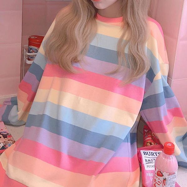 

women's hoodies & sweatshirts rainbow stripe 2021 autumn girls loose sweatshirt long sleeve casual pullover women korean style cute sch, Black
