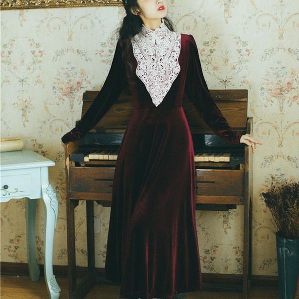 

casual dresses yamdi runway vintage velvet dress boho luxury a-line women long sleeve spring summer elegant 2021 party patchwork lace, Black;gray