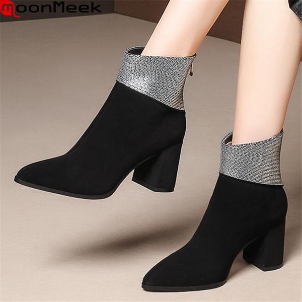 

boots moonmeek 2021 sheepskin thick heels square toe mixed colors women autumn winter ankle, Black