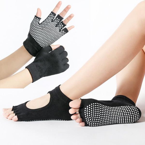 

women yoga socks and gloves sets five five-toed pilates non-slip sports for gym fitness skd025, Black