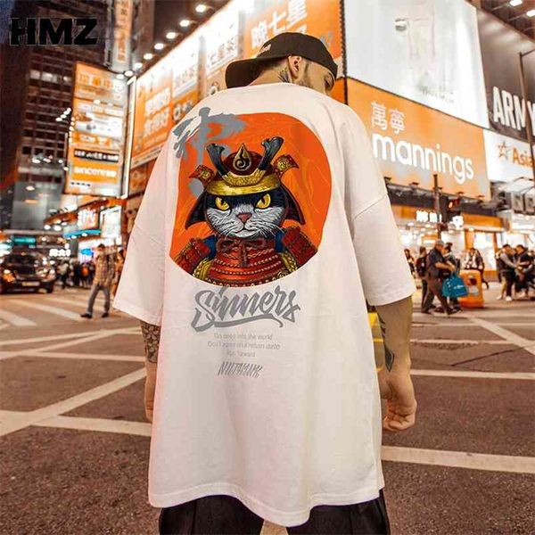 HMZ хип-хоп тройники китайский стиль футболка хараджуку с коротким рукавом свободные мужчины футболка повседневная летняя самурай кошка негабаритная мужская одежда 210706