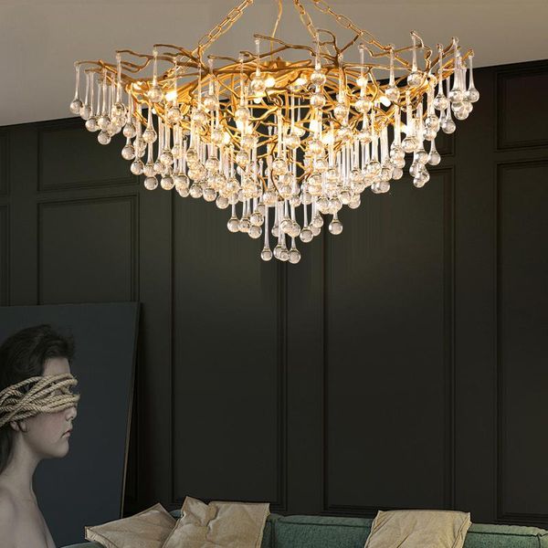 

pendant lamps all copper branch chandelier european-style simple and light luxury living room villa dining hall model crystal glass lamp