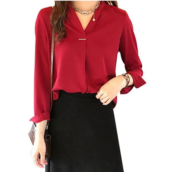 

women shirt fashion autumn blouses casual v neck shirts long sleeves chiffon ladies work office, White