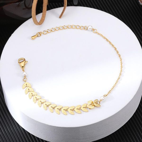 

link, chain 2021 fashion pearl wheat ear leaf bracelet niche design to send girlfriends student sisters adjustable jewelry gift, Black