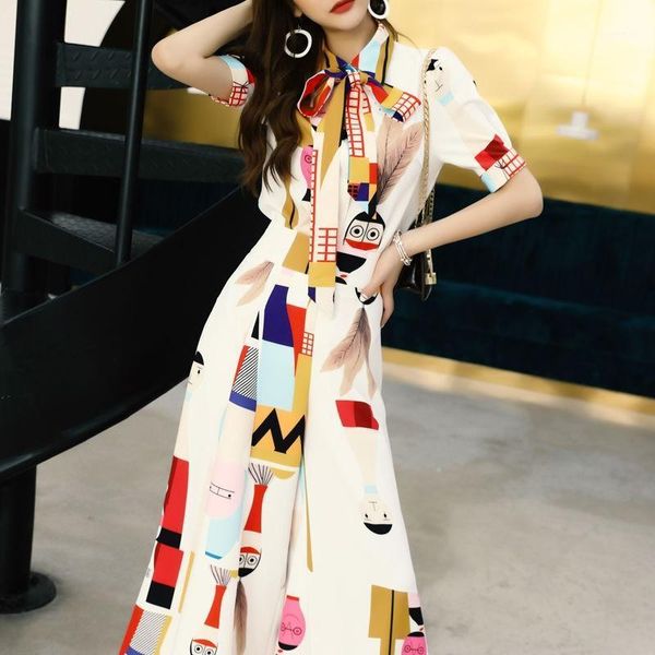 

women's two piece pants 2021 summer short sleeve print shirt and wide leg women fashion elegant blouse set with belt for lady, White