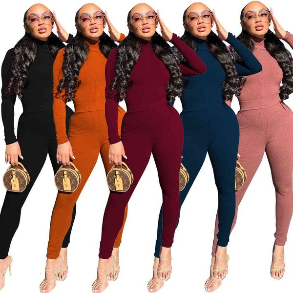 

women's two piece pants autumn and winter fashion casual high neck rib pit stripe set designer solid color slim long sleeve trouse, White