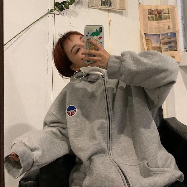 

women's hoodies & sweatshirts oversized zip up sweatshirt streetwear loose long-sleeved korean style jacket autumn 2021 zipper women b, Black