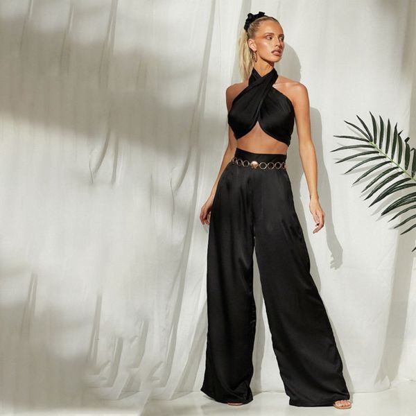 

2021ins summer new neck strap bra wide leg pants fashion casual two piece set, Black;white
