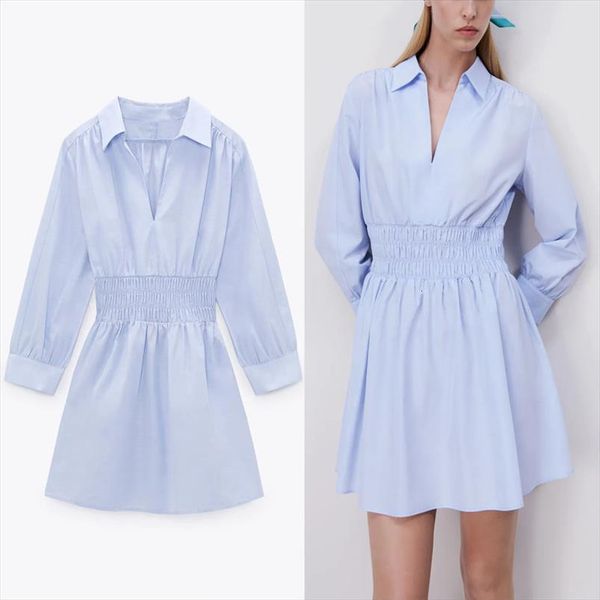 

za spring elastic waist pleated women dress long sleeve smocked sky blue office lady dresses woman elegant mini, Black;gray