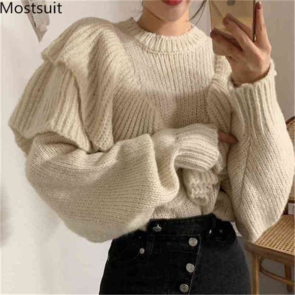 

korean fashion ruffles women sweater pullover long sleeve o-neck loose casual sweet solid chic sweaters winter 210513, White;black