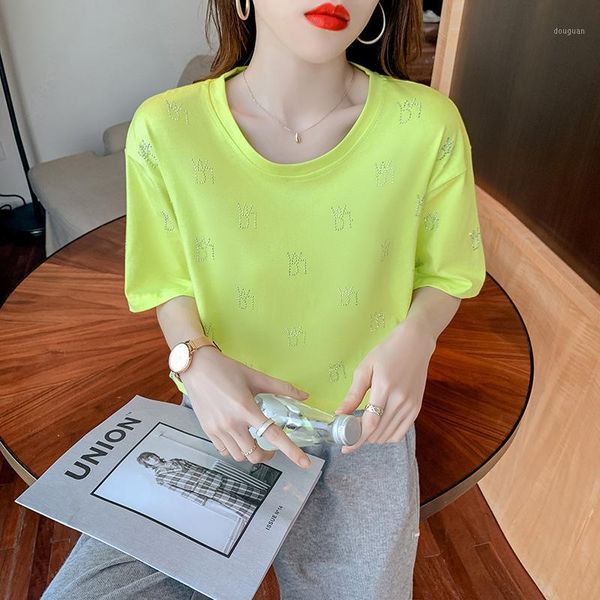 

women's t-shirt drilling 2021 women fashion round neck diamond short sleeve summer solid color harajuku style tees t8685, White