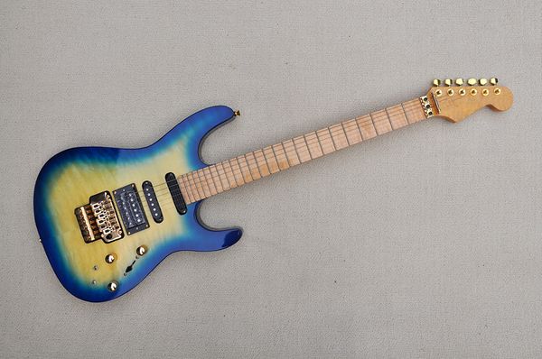 E-Gitarre mit blauem Korpus und Hals aus geflammtem Ahorn, goldene Hardware, bietet maßgeschneiderte Dienstleistungen