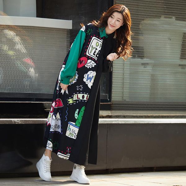 

fashion shirt cartoon print dress women single-breasted long sleeve patchwork loose party elegant casual dresses, Black;gray