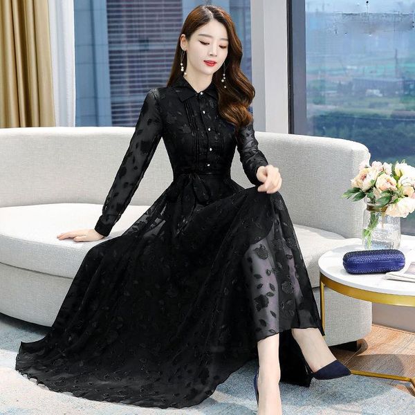 

casual dresses 2021 women spring autumn floral printed chiffondress female long sleeve vintage dress bow midi length vestidos h181, Black;gray