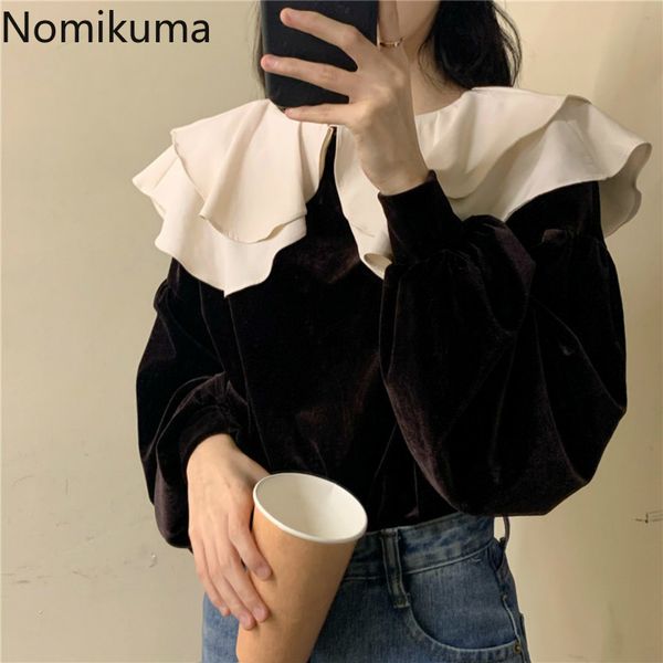 

nomikuma peter pan collar long sleeve vintage shirts women blusas mujer contrast color retro blouse lady korean style 3c933 210514, White