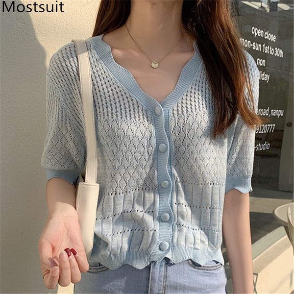 

summer v-neck knitted cardigan women short sleeve single-breasted sweaters korean fashion female jumpers femme 210514, White