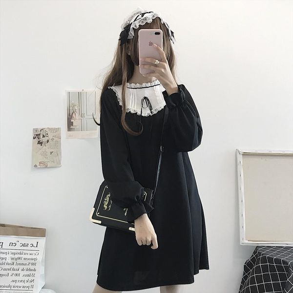 

casual dresses female plus size loose fun bow-neck lace japanese cute black autumn long sleeve sweet college fashion dress, Black;gray