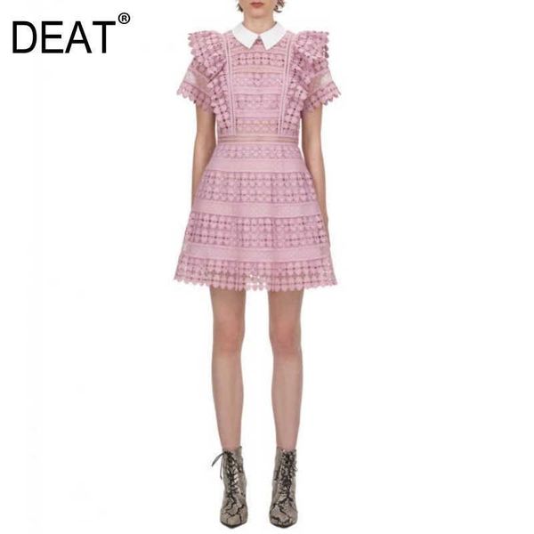 

[deat] summer fashion turn-down collar high waist hollow out short sleeve splicing lace dress women 13c532 210527, Black;gray