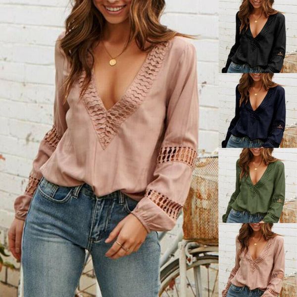 

women's blouses & shirts women v-neck hollow out office lady sping fall fashion solid long sleeve girls casual loose streetwear, White