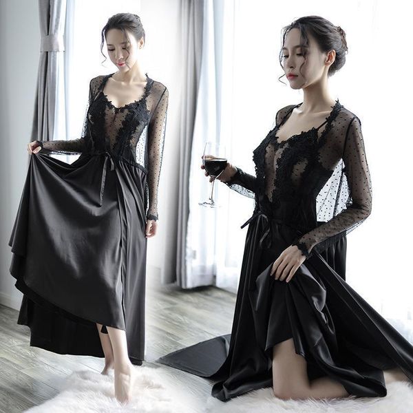 

women sleepwear sets pajamas dress with kimono robe white black pink stain lounge wear set long sleeve sling nightgown, Black;red