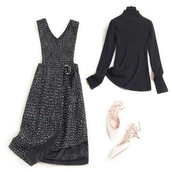 

female fashions winter of superior mesh and tweed wool piece dress, Black;gray