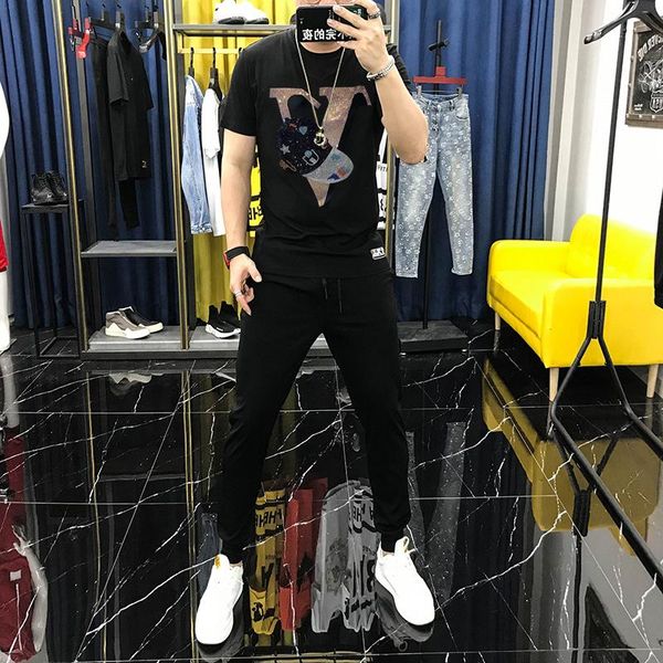 

men's tracksuits spring/summer t-shirt pure cotton round neck tracksuit letter cartoon handmade rhinestone sets, Gray