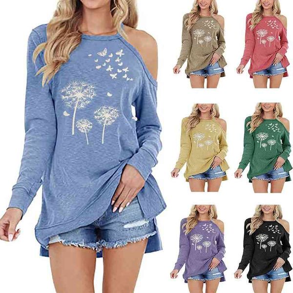 

2021 women's autumn new long sleeve shoulder leakage dandelion print round neck pullover t-shirt1, Black