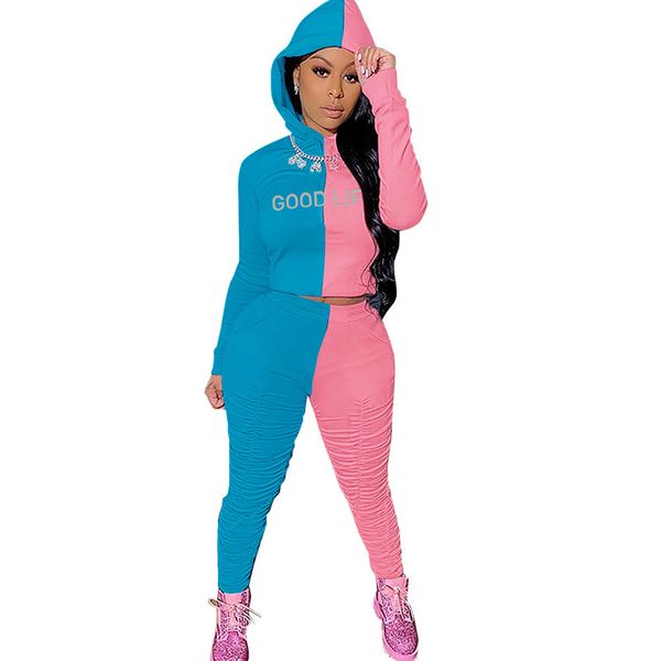 

casual two colors patchwork women 2 pieces sets good lif print hoodies+stacked jogger tracksuit pants matching sets slim outfit 210412, White