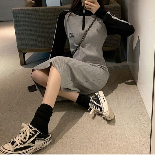 

leisure dress sports knitted women's clothing spring and autumn temperament college casual dresses, Black;gray