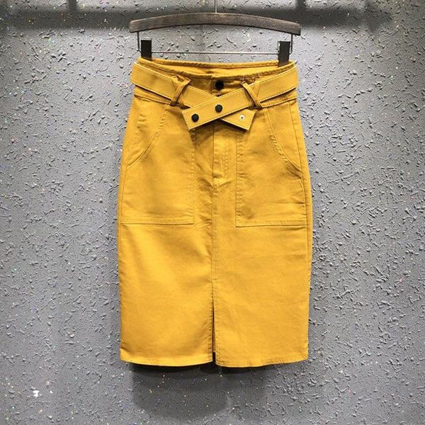 

korean women yellow black high waisted placket stretch denim pencil skirt , arrival womens knee length jeans skirts