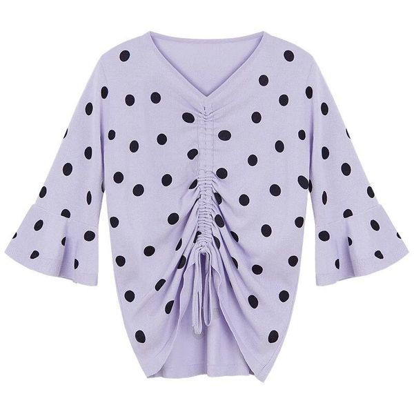 

violet black polka dot v neck flare sleeve 3/4 drawstring knitted b0139 210514, White;black