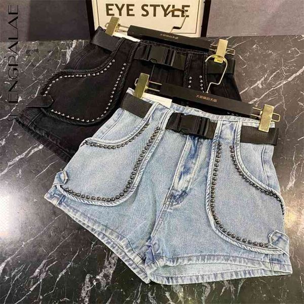 

summer personality women's fashion sashes metal rivet edge design with belt denim shorts female sb137 210427, Blue