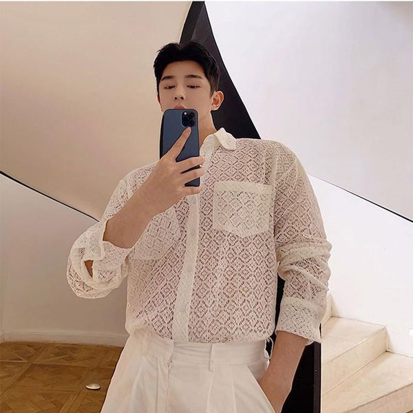 

men's casual shirts clothing 2021 european american autumn spring thin japanese cut-out shirt lapel slim buttoned, White;black
