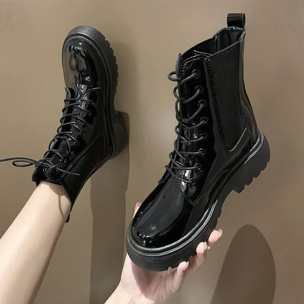 

boots women ankle short shoes autumn patent leather lace up ladies female pu non slip winter footwear 2021 woman, Black