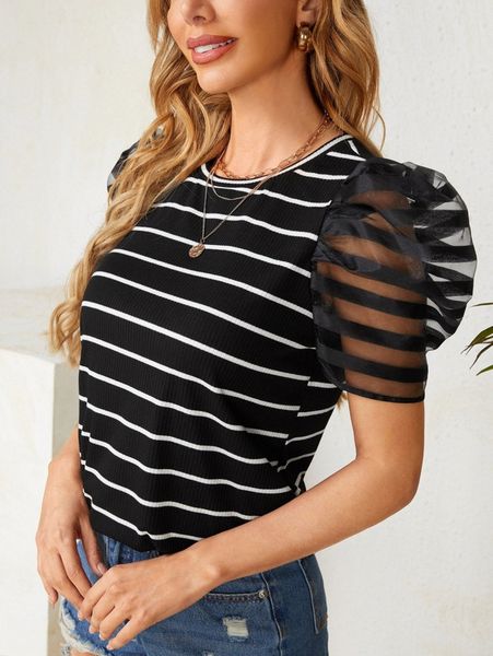 

striped pattern sheer mesh puff sleeve tee d1sf#, White