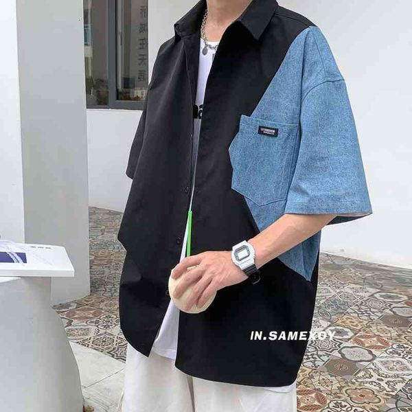 

men's casual shirts denim patchwork men black/white short sleeve summer couple fashion korean mens streetwear 2hz2, White;black