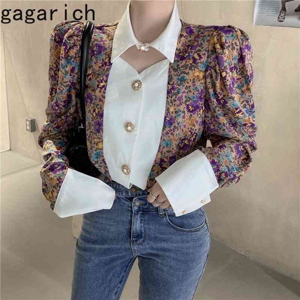 

gagarich women blouse elegant autumn korean fashion temperament hollow floral print chiffon lapel bubble sleeve shirt femme 210410, White