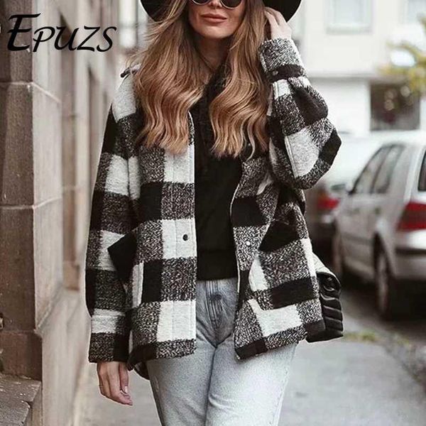 

vintage women elegant plaid jackets winter fashion ladies patchwork coats female thick woolen jacket girls oversize outfit1, Black;brown