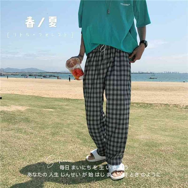 

men's pants summer thin casual fashion drawstring plaid men streetwear korean loose straight wide leg mens trousers rwfy, Black