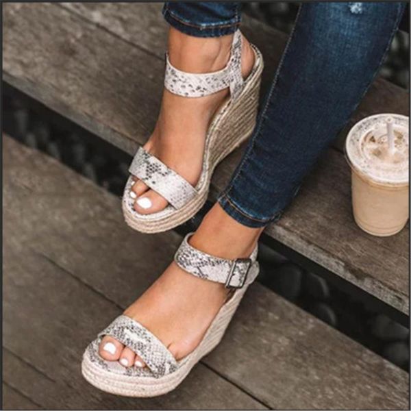 

style buckle straw woven wedge with roman sandals female high-heeled leopard print ladies dress shoes, Black